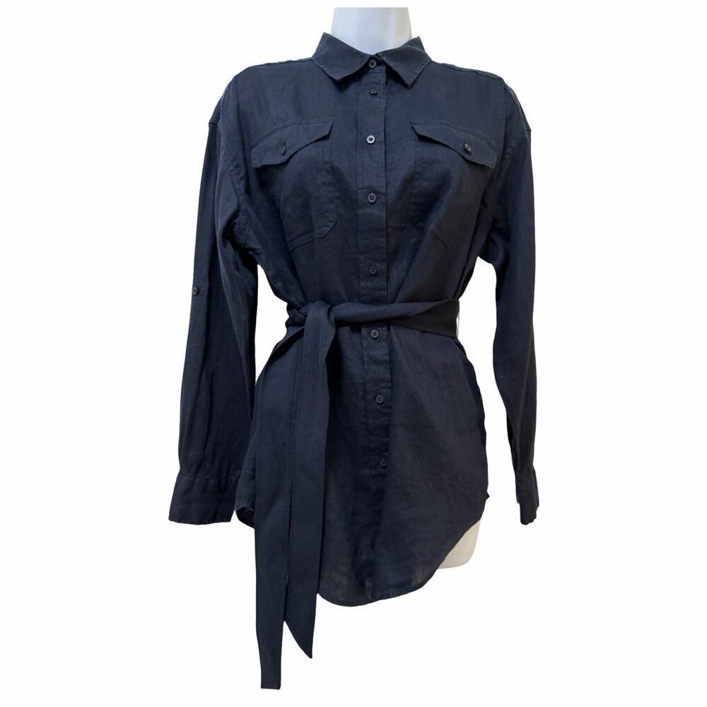 LRL Ralph Lauren Womens Belted Linen Button‎ Up Shirt Size LP Navy Preppy Office
